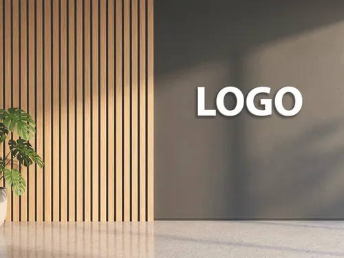 Free 3D Logo Mockup On Concrete Wall — Wooden Slats Interior (PSD) mockup preview