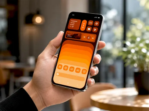 Phone In Hand Mockup – Galaxy S25 Style Cafe Scene (PSD) mockup preview