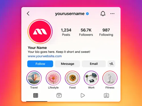 Instagram profile page mockup with circular profile picture,  follower stats, bio, follow button and story highlights