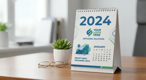 Free Tent Calendar Mockup — Desk Lifestyle Gold Glasses (PSD) mockup preview
