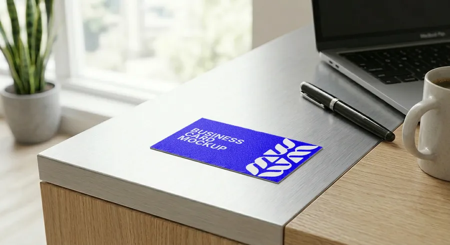 FREE BUSINESS CARD MOCKUP ON STEEL DESK — MODERN OFFICE SCENE (PSD) mockup preview 2
