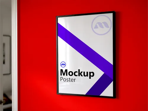 Free Framed Poster Mockup On Red Interior Wall — Black Frame (PSD) mockup preview