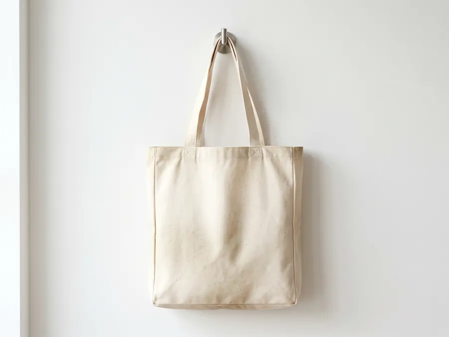 FREE CANVAS TOTE BAG MOCKUP HANGING ON WALL HOOK — MINIMAL INTERIOR (PSD) mockup preview 2