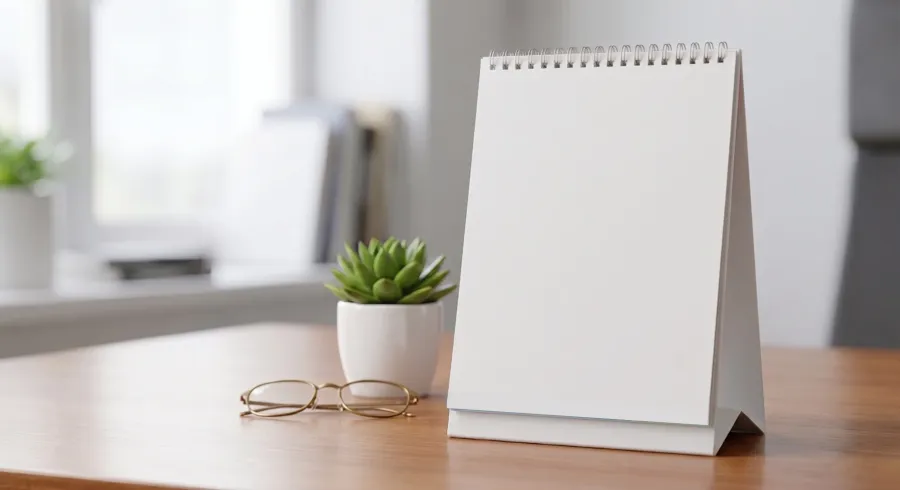 FREE TENT CALENDAR MOCKUP — DESK LIFESTYLE GOLD GLASSES (PSD) mockup preview 3