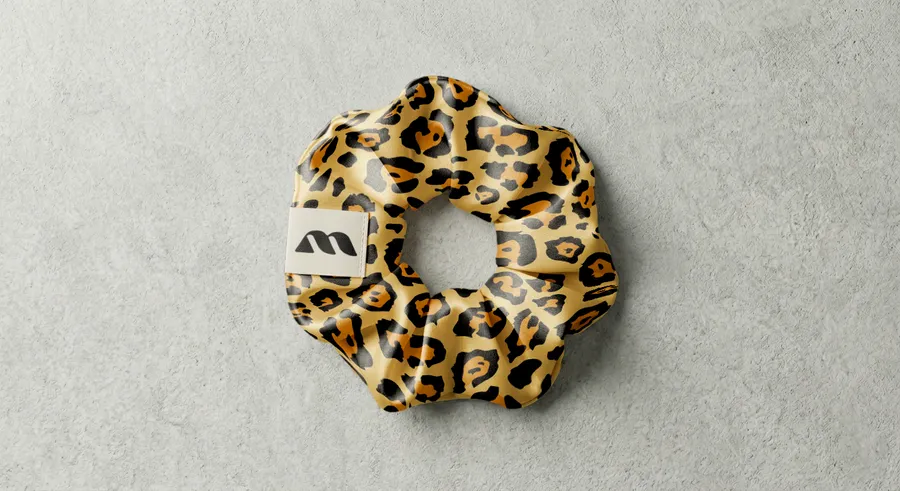 FREE SCRUNCHIE MOCKUP FLAT LAY WITH WOVEN LABEL — CONCRETE (PSD) mockup preview 2