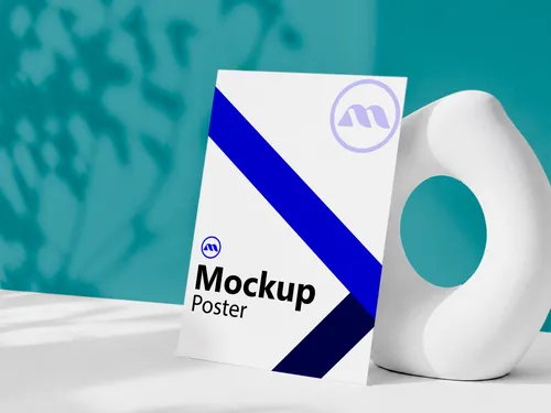 Free Poster Mockup Leaning Against Sculptural Vase — Teal Botanical Shadow (PSD) mockup preview