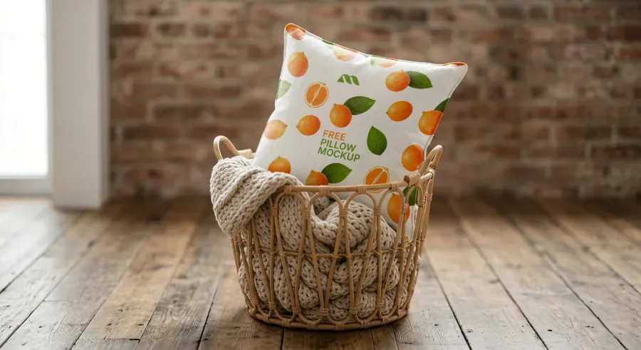 FREE PILLOW MOCKUP IN WICKER BASKET — FARMHOUSE RUSTIC (PSD) mockup preview 2